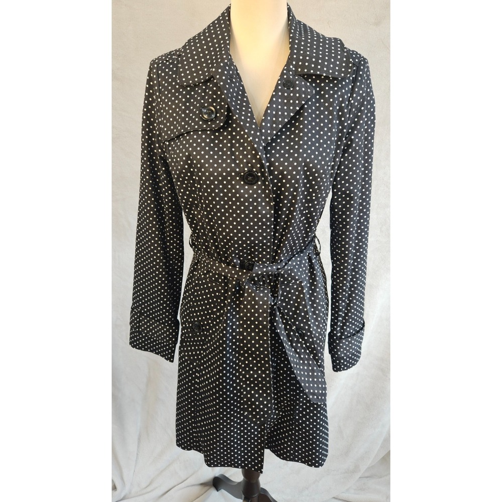 London Fog Black Trench Coat Polka Dot SMALL Mid-Length Jacket Button Front Belt - Picture 2 of 7